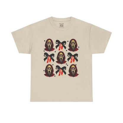 Ghost Face with Bows Design, Fun Graphic Tee, Gift for Him/Her, Casual Wear, Holiday Apparel, Statement Shirt