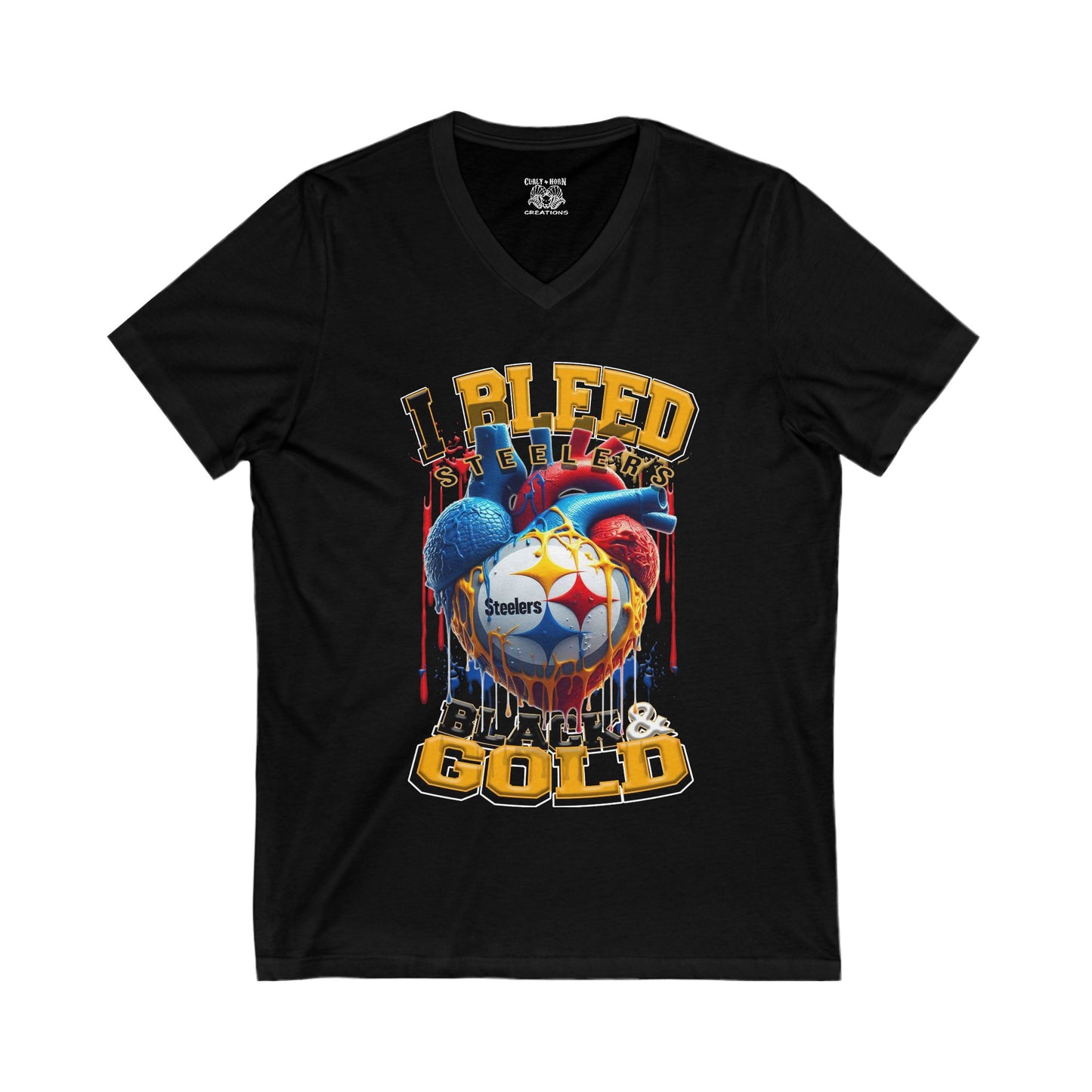 Steelers Football Fan V-Neck Tee - I Bleed Black & Gold, Fan Gear, Unisex Shirt, Gift for Sports Lovers, Tailgate Shirt, Game Day Apparel