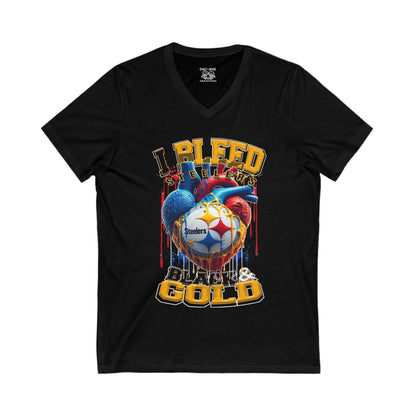 Steelers Football Fan V-Neck Tee - I Bleed Black & Gold, Fan Gear, Unisex Shirt, Gift for Sports Lovers, Tailgate Shirt, Game Day Apparel