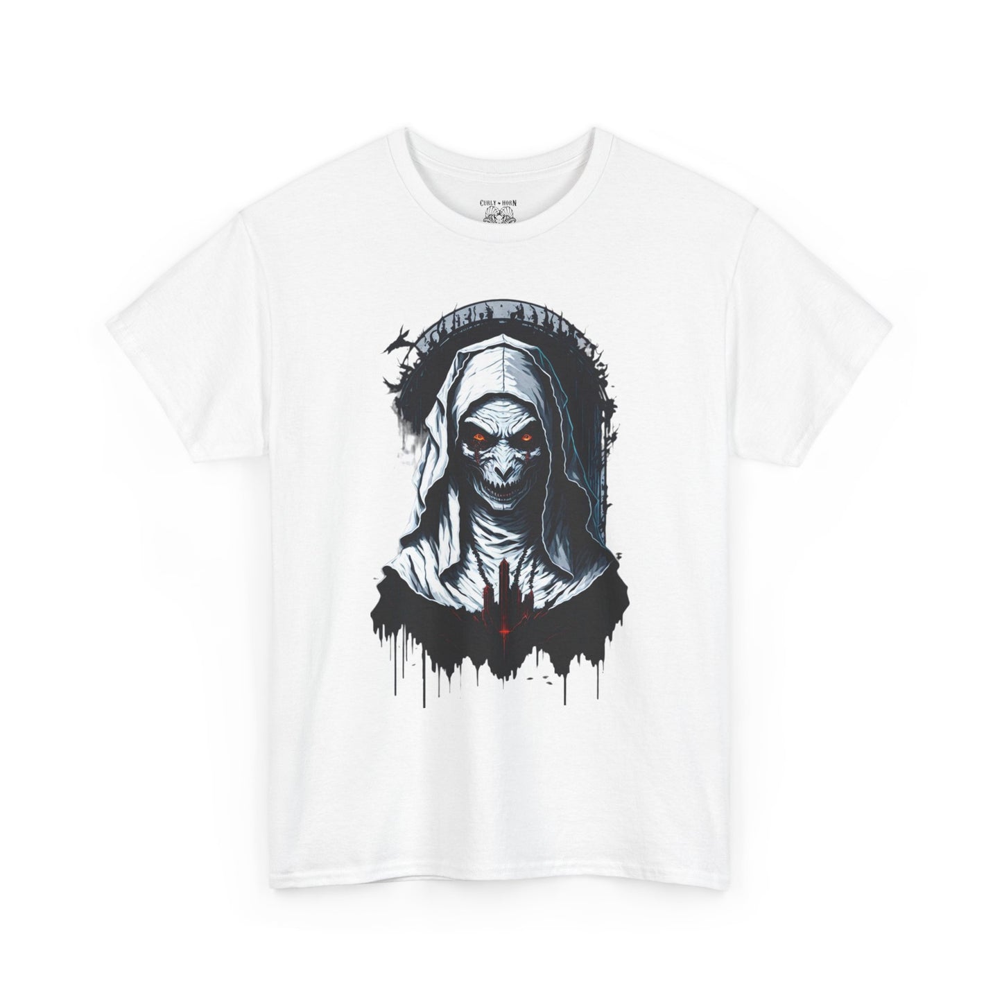 Spooky Graphic Nun Tee, Unisex Heavy Cotton Tee, Halloween Outfit, Horror Lover Gift, Dark Art T-Shirt, Unique Style Tee